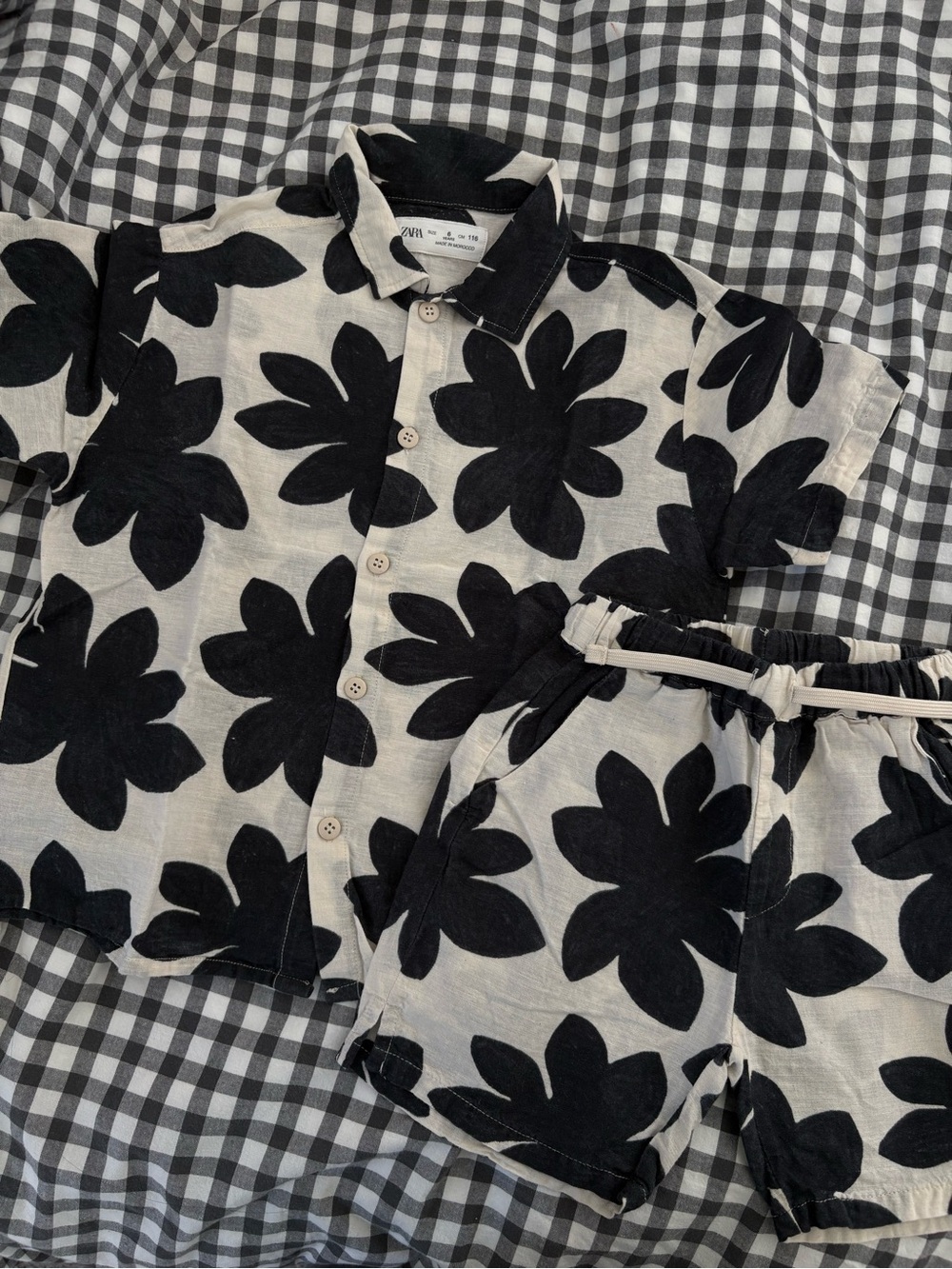 Zara Black & White Floral Two-Piece Shirt and Shorts Set